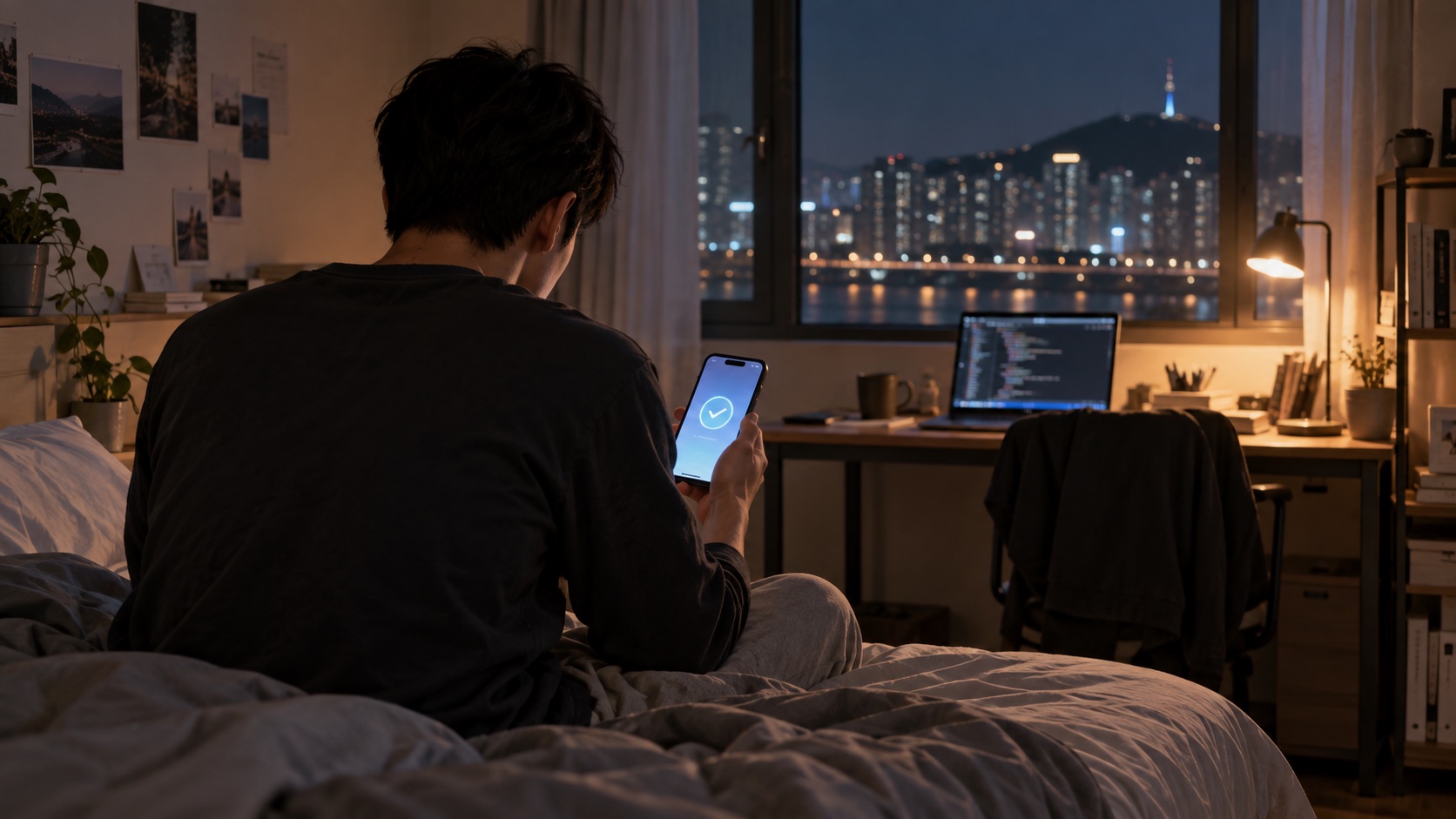 늦은 밤, 침대에 앉아 휴대전화로 작업을 확인하는 사람